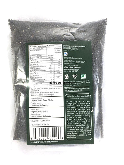 Bloom Organic Bazaar - Urad Whole - 908gm - apniroots Grocery